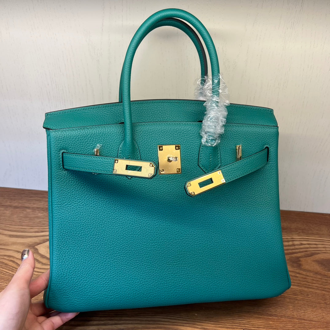 Teal Textured Leather Birkin-Style Handbag with Gold-Tone Hardware