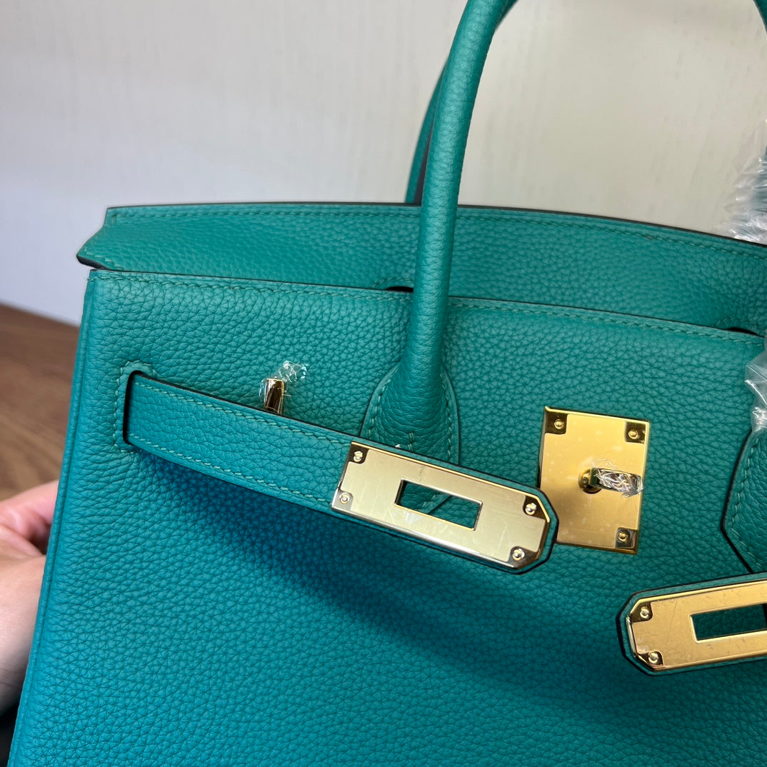 Teal Textured Leather Birkin-Style Handbag with Gold-Tone Hardware