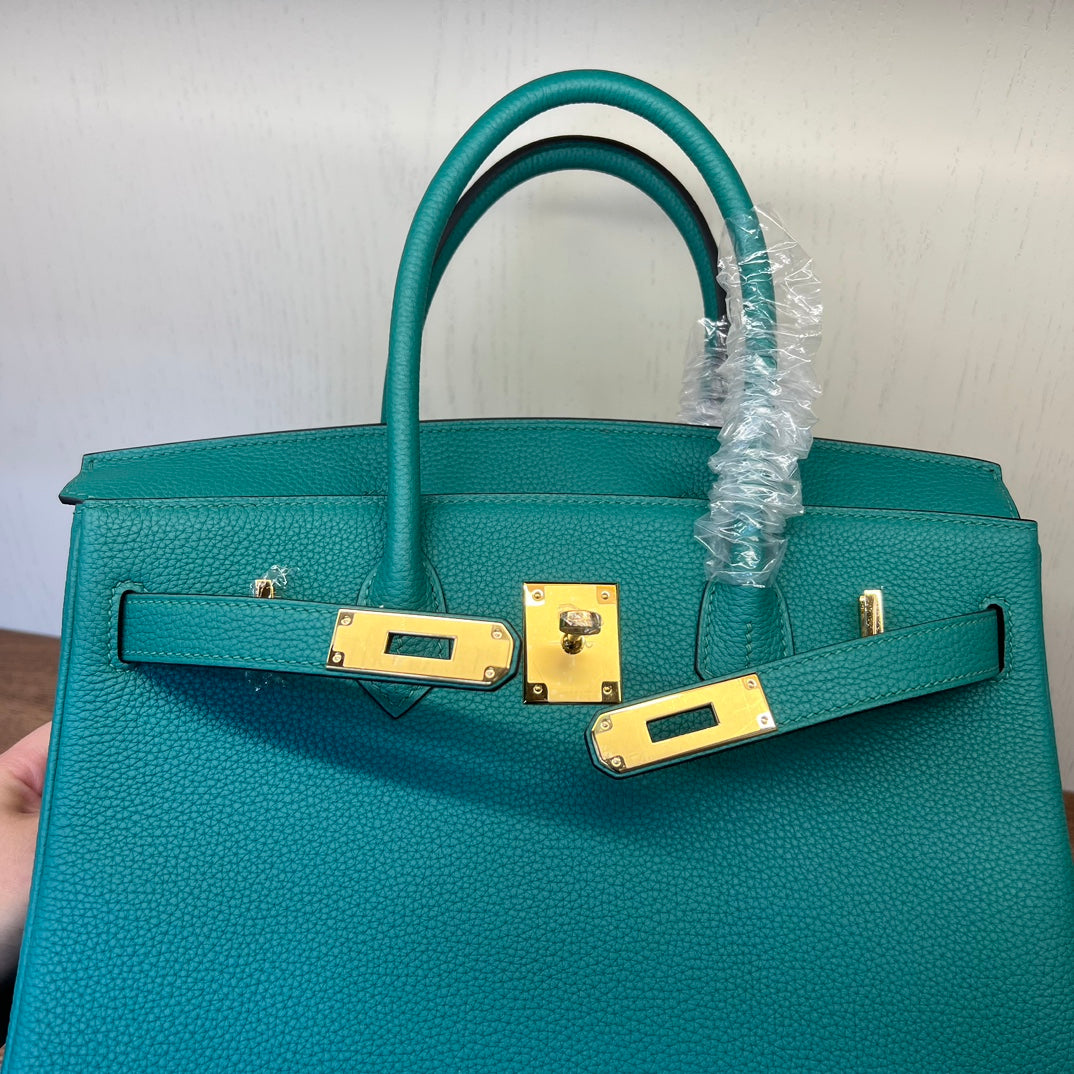 Teal Textured Leather Birkin-Style Handbag with Gold-Tone Hardware
