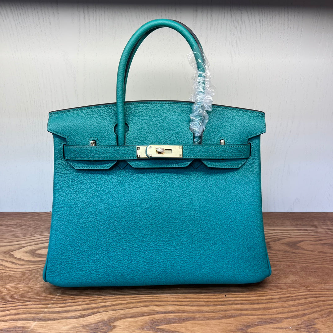 Teal Textured Leather Birkin-Style Handbag with Gold-Tone Hardware