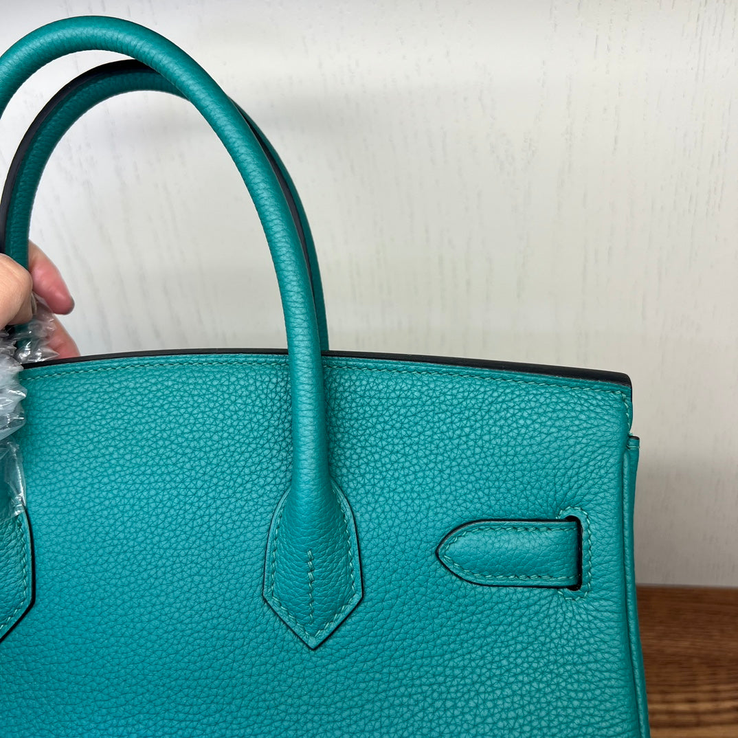 Teal Textured Leather Birkin-Style Handbag with Gold-Tone Hardware