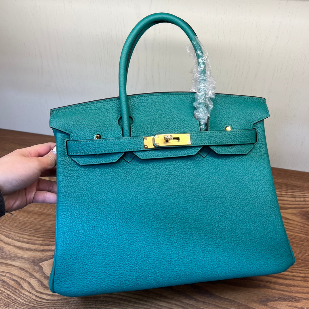 Teal Textured Leather Birkin-Style Handbag with Gold-Tone Hardware
