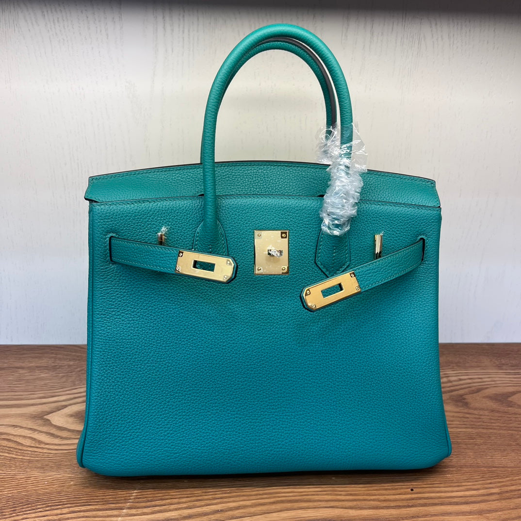 Teal Textured Leather Birkin-Style Handbag with Gold-Tone Hardware