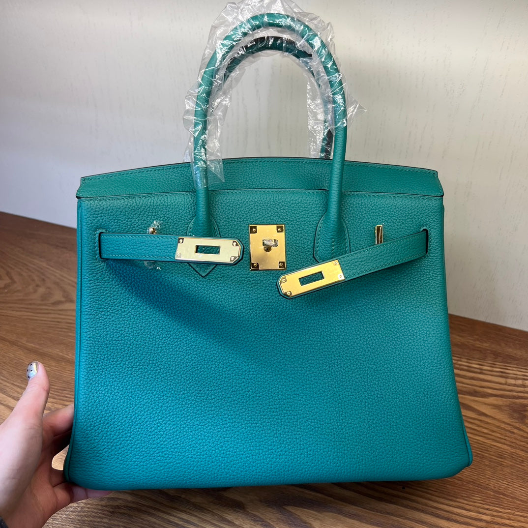 Teal Textured Leather Birkin-Style Handbag with Gold-Tone Hardware