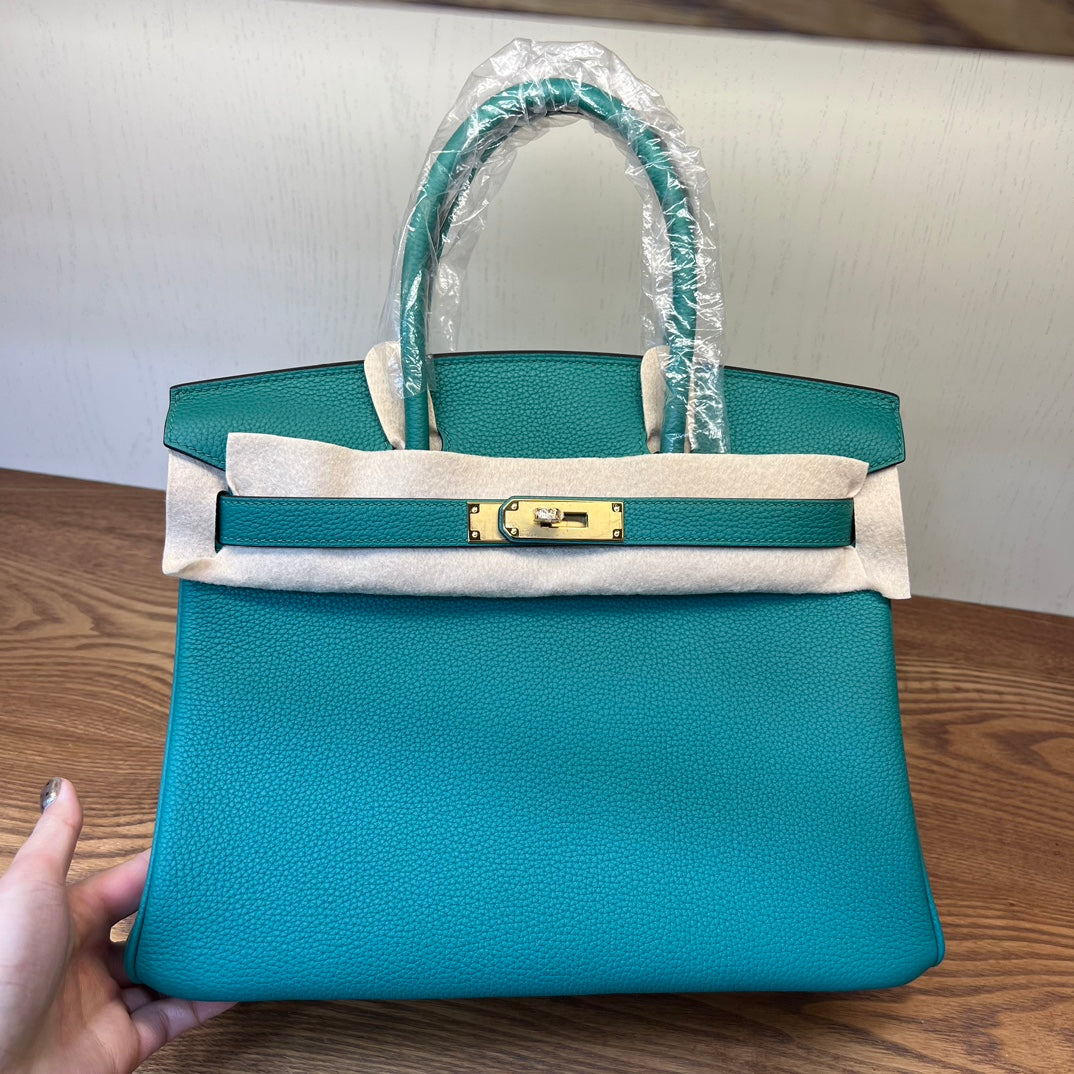 Teal Textured Leather Birkin-Style Handbag with Gold-Tone Hardware