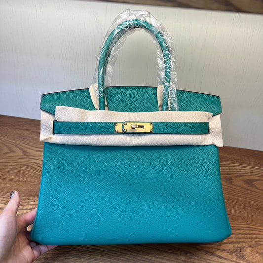 Teal Textured Leather Birkin-Style Handbag with Gold-Tone Hardware