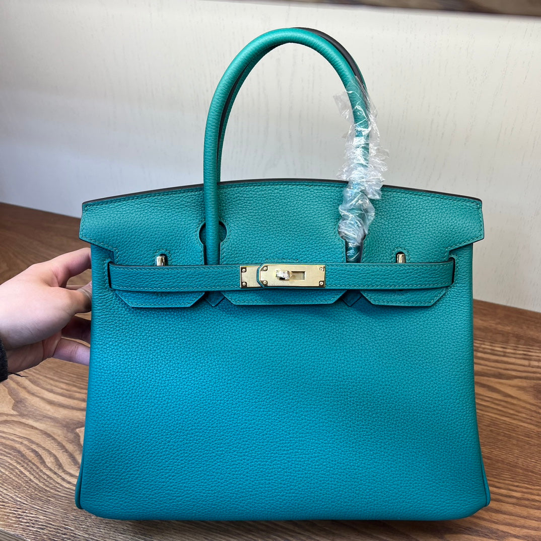 Teal Textured Leather Birkin-Style Handbag with Gold-Tone Hardware