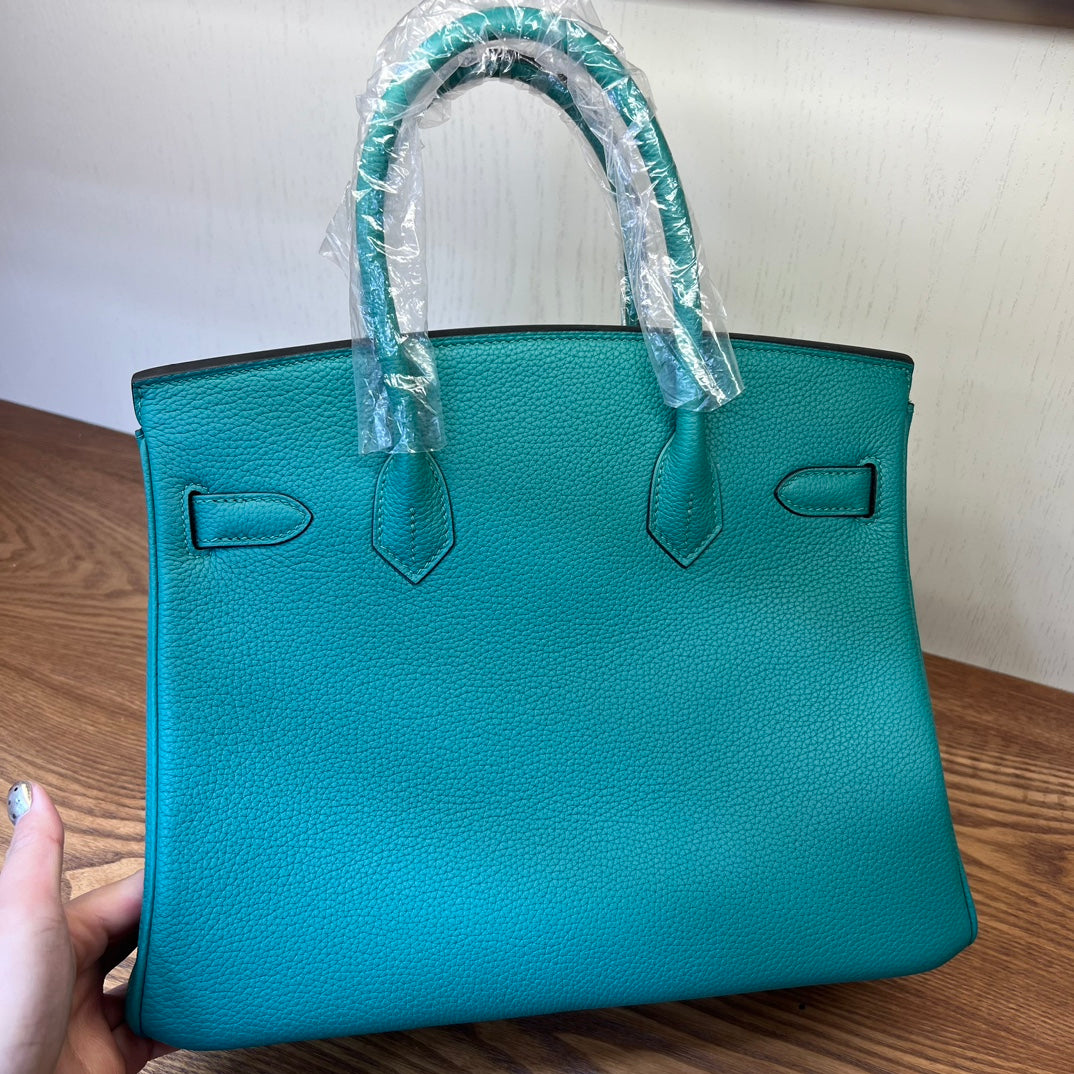 Teal Textured Leather Birkin-Style Handbag with Gold-Tone Hardware