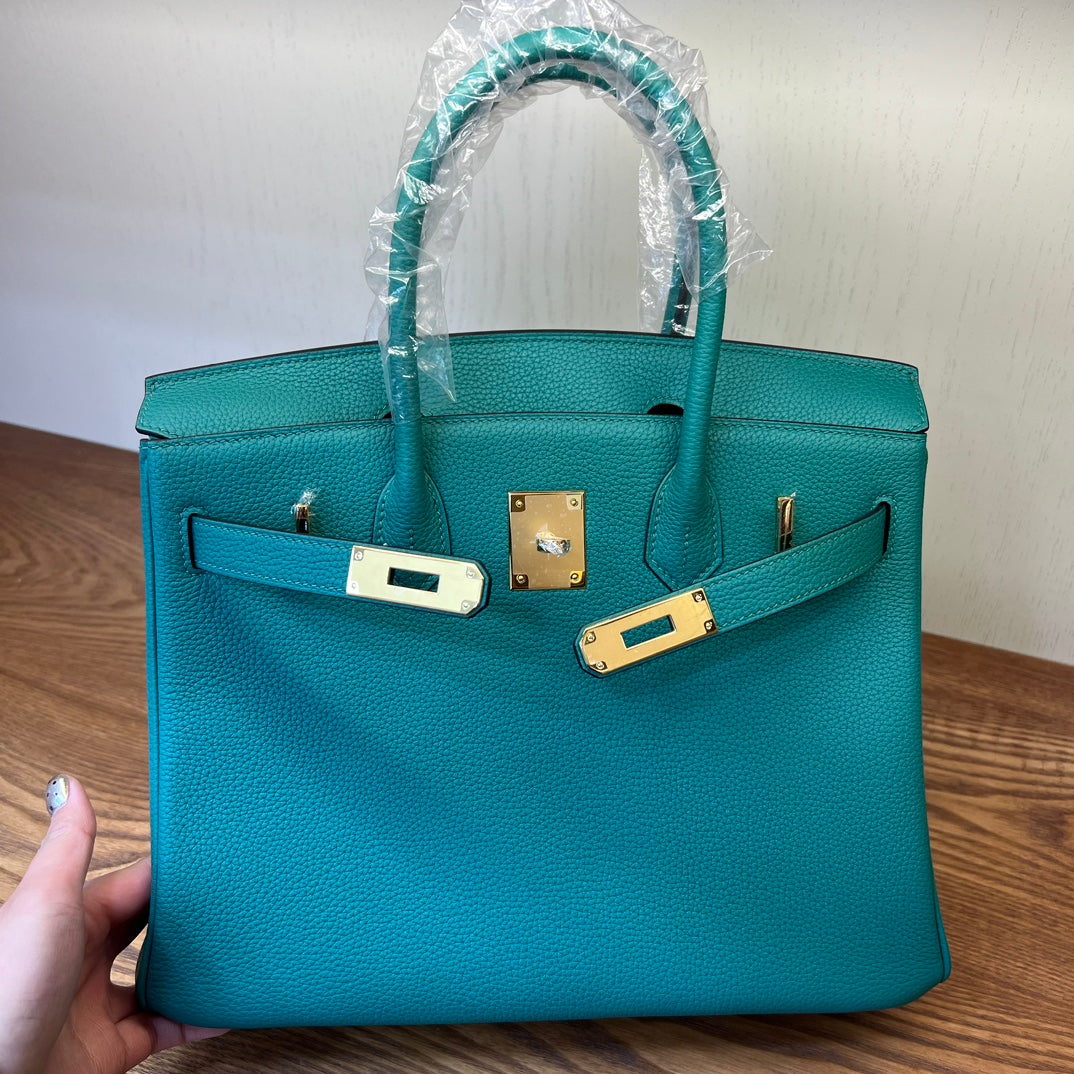 Teal Textured Leather Birkin-Style Handbag with Gold-Tone Hardware
