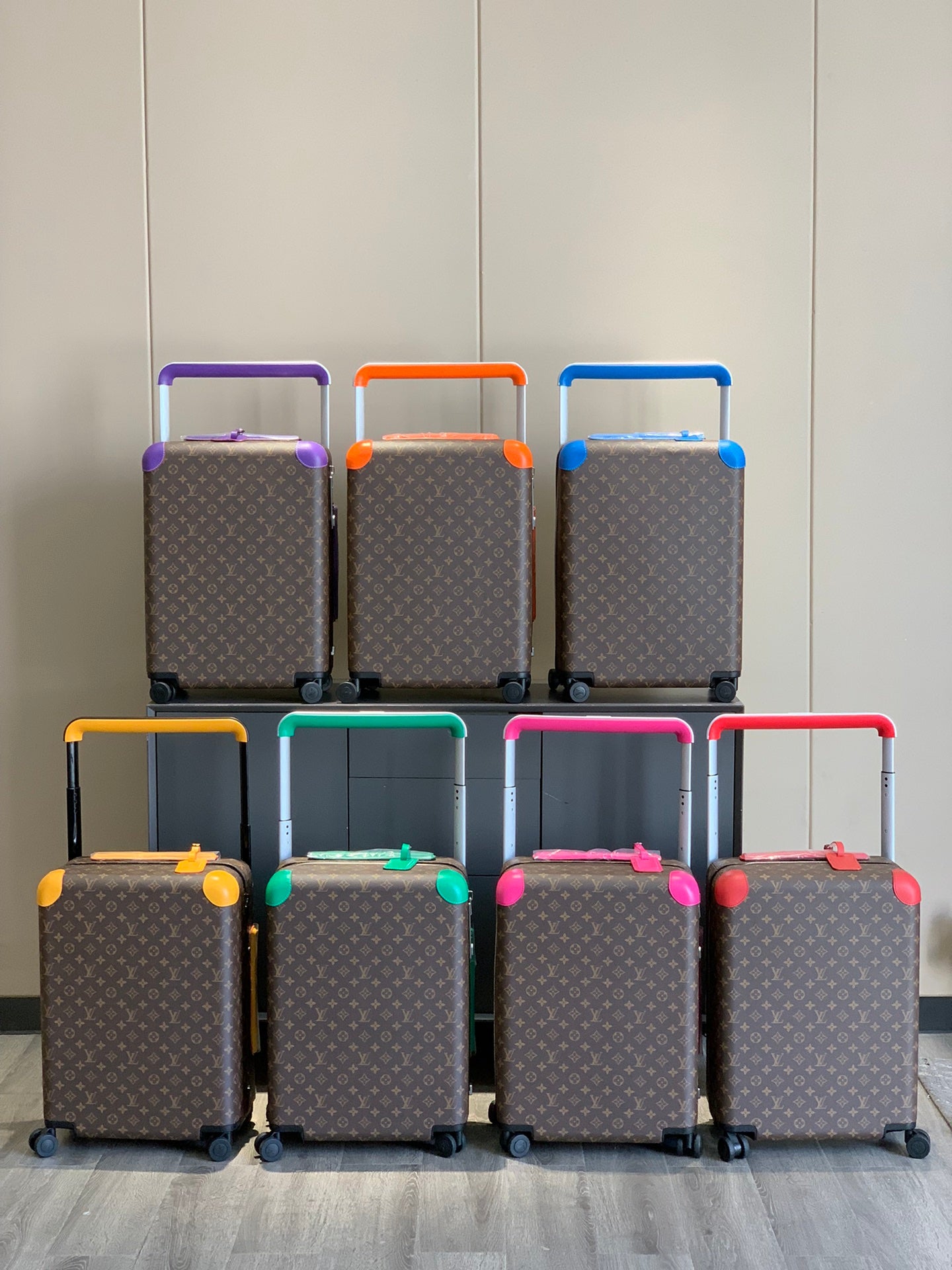 Luxury Brown Checkered Rolling Suitcase with Neon Color Accents