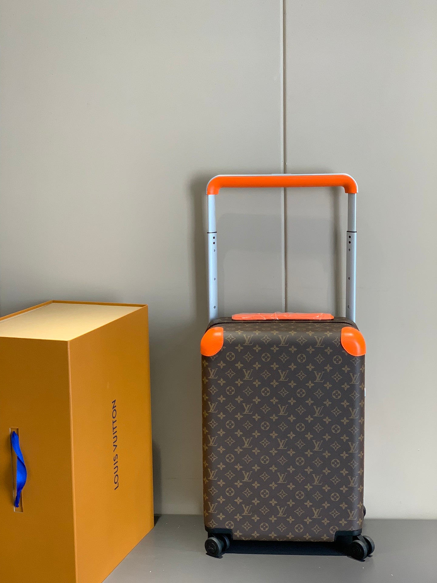 Brown Monogram Spinner Suitcase with Orange Trim Luxury Travel Luggage