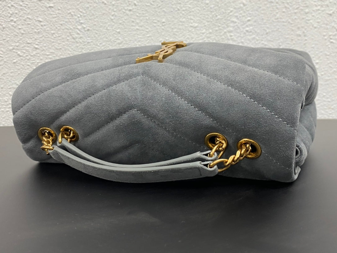 Saint Laurent Small Loulou Suede Shoulder Bag in Grey with Gold-Tone Hardware
