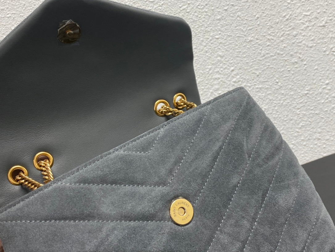Saint Laurent Small Loulou Suede Shoulder Bag in Grey with Gold-Tone Hardware