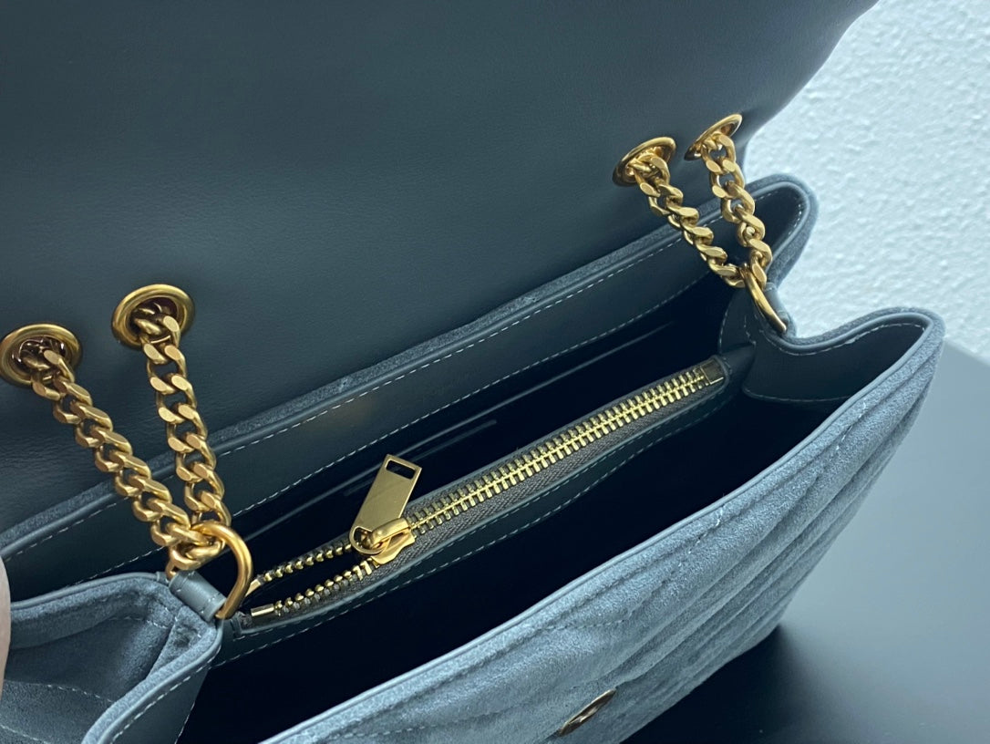 Saint Laurent Small Loulou Suede Shoulder Bag in Grey with Gold-Tone Hardware