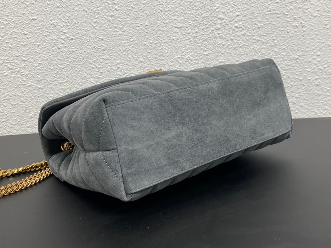 Saint Laurent Small Loulou Suede Shoulder Bag in Grey with Gold-Tone Hardware