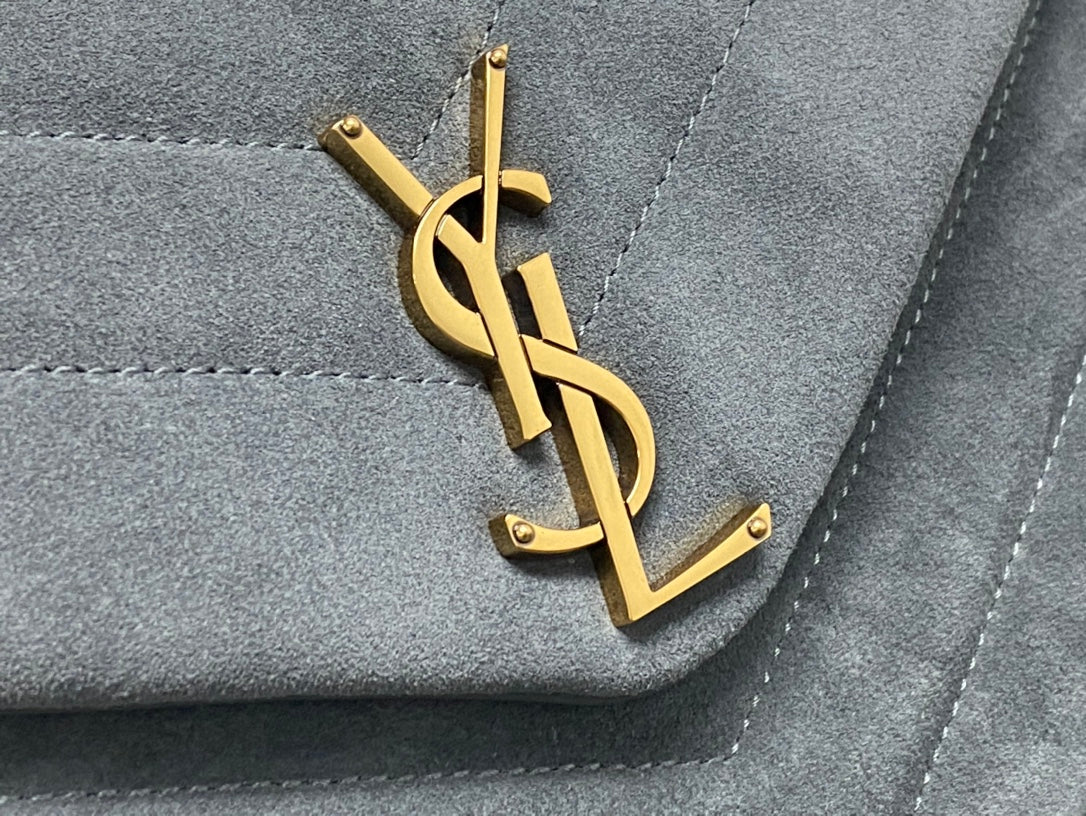 Saint Laurent Small Loulou Suede Shoulder Bag in Grey with Gold-Tone Hardware
