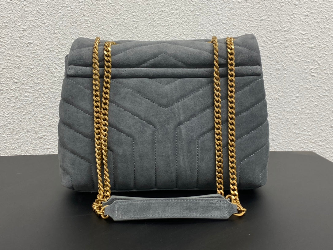 Saint Laurent Small Loulou Suede Shoulder Bag in Grey with Gold-Tone Hardware