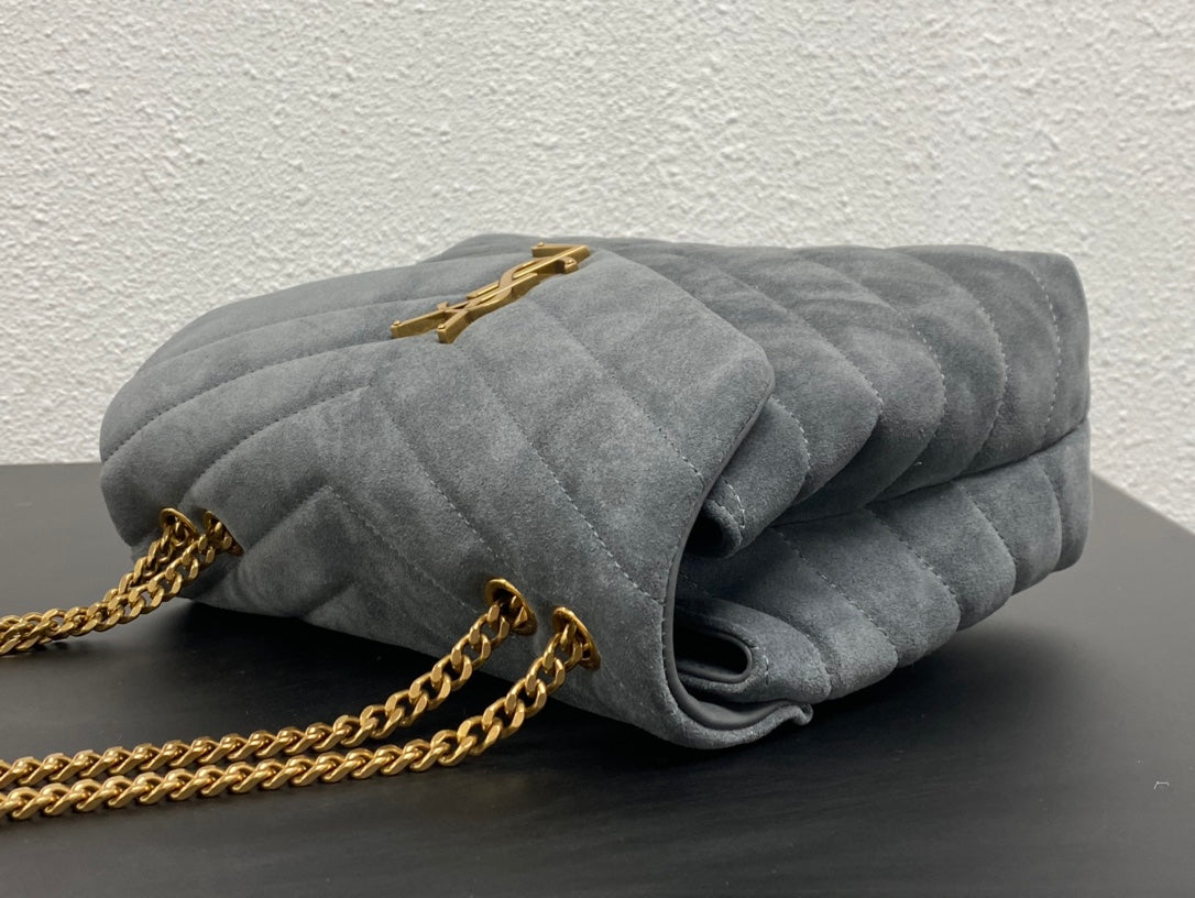Saint Laurent Small Loulou Suede Shoulder Bag in Grey with Gold-Tone Hardware