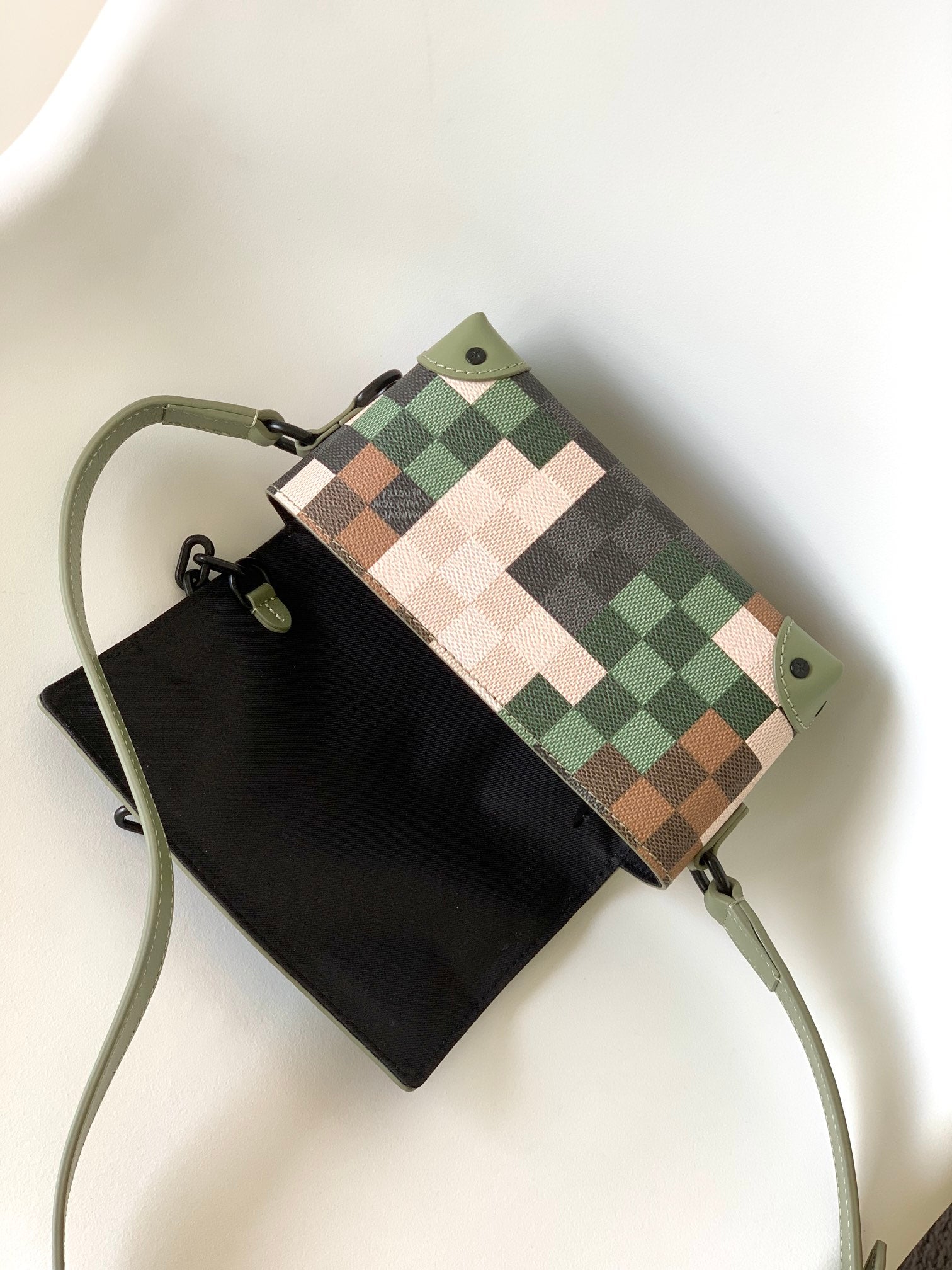 Designer Pixelated Camouflage Mini Soft Trunk Messenger Bag - Green and Khaki