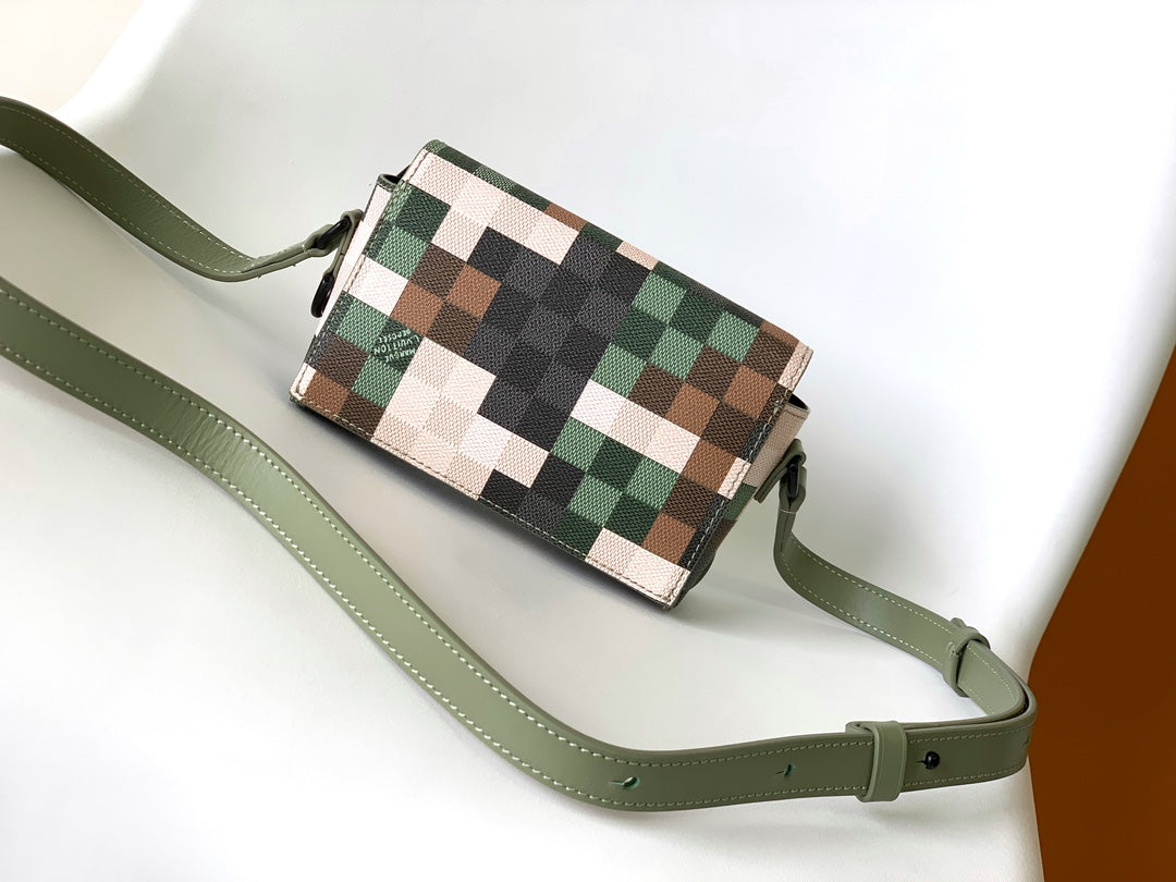 Designer Pixelated Camouflage Mini Soft Trunk Messenger Bag - Green and Khaki