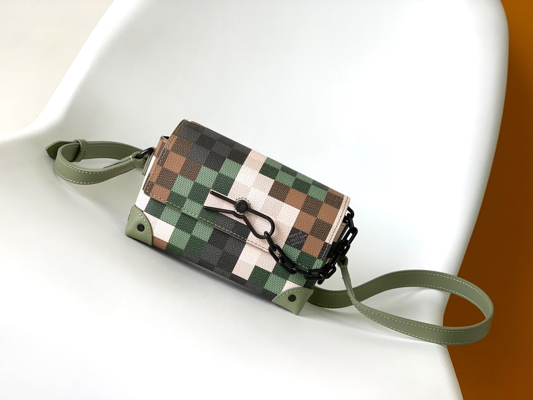 Designer Pixelated Camouflage Mini Soft Trunk Messenger Bag - Green and Khaki