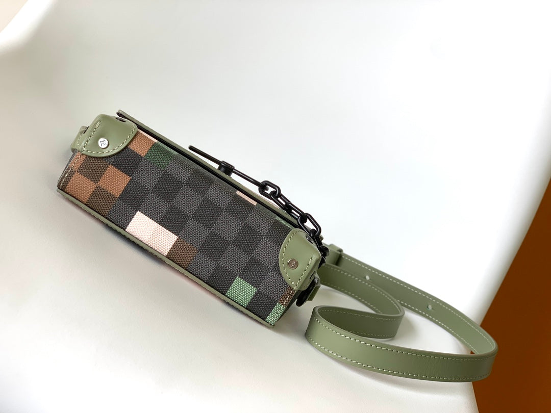 Designer Pixelated Camouflage Mini Soft Trunk Messenger Bag - Green and Khaki