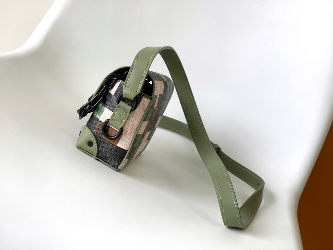 Designer Pixelated Camouflage Mini Soft Trunk Messenger Bag - Green and Khaki