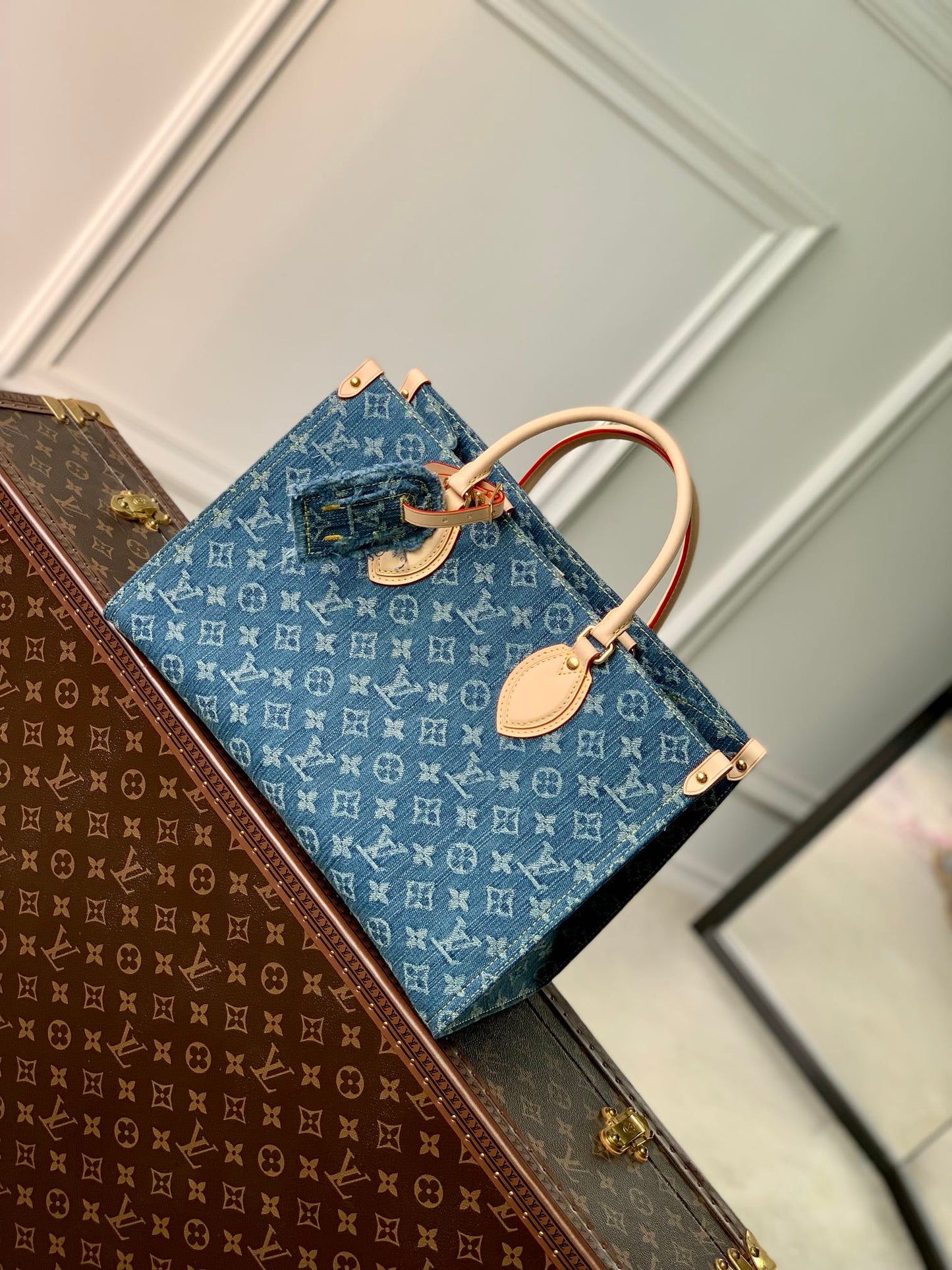 Louis Vuitton Onthego MM Monogram Denim Blue Tote Bag