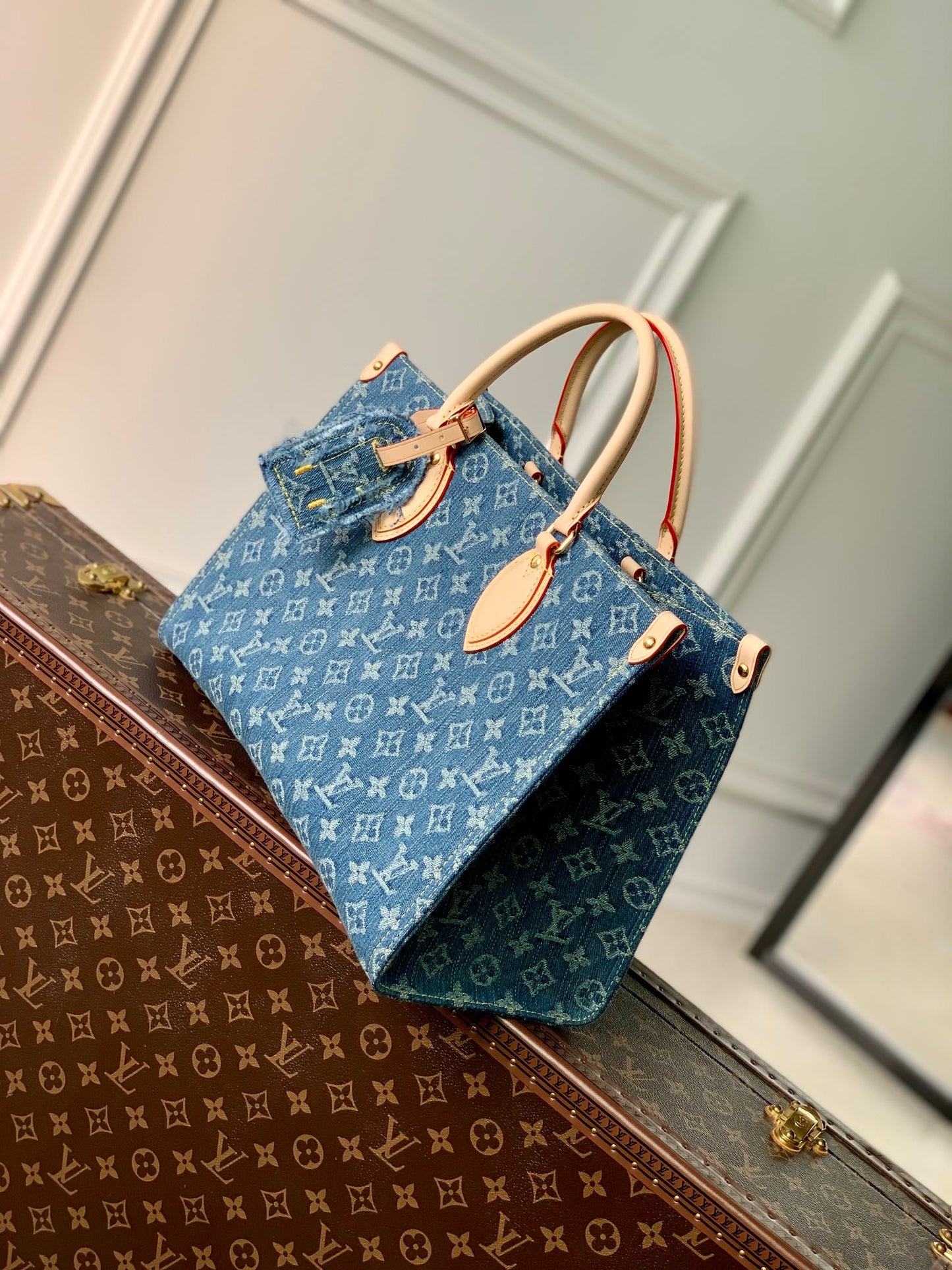 Louis Vuitton Onthego MM Monogram Denim Blue Tote Bag