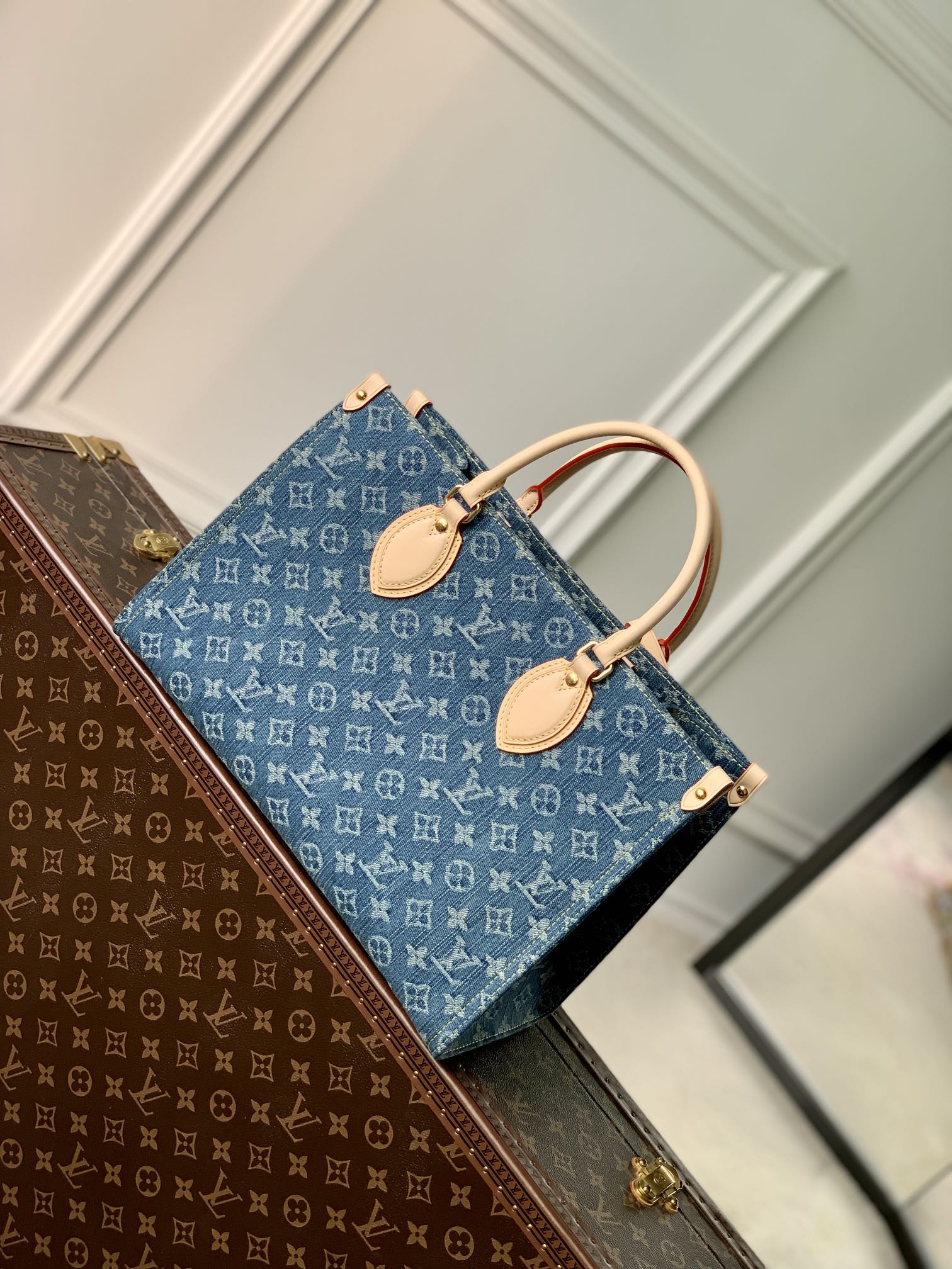 Louis Vuitton Onthego MM Monogram Denim Blue Tote Bag