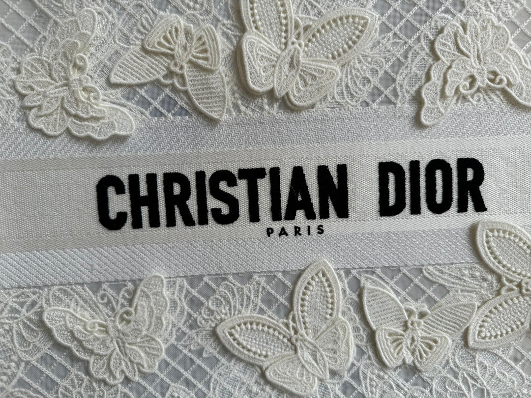 Dior Elegant White Canvas Tote Bag with 3D Embroidered Butterflies