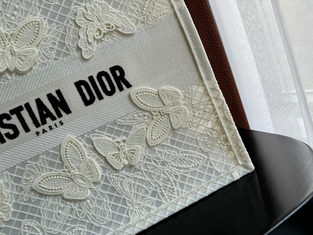Christian Dior Book Tote Large White Butterfly Embroidery Canvas Bag