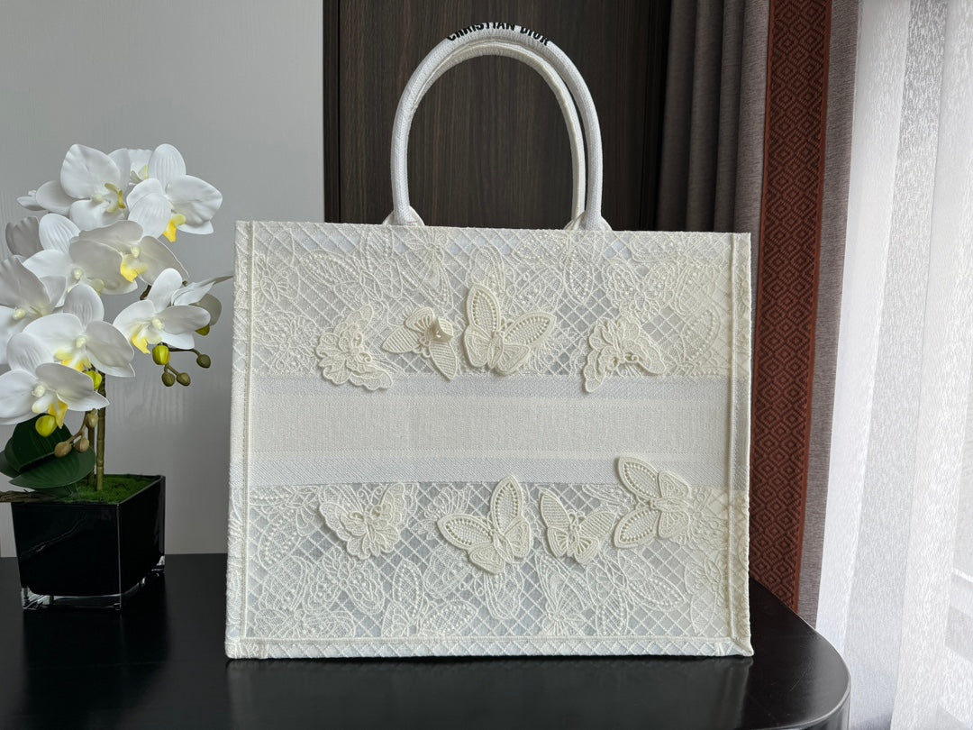 Christian Dior Book Tote Large White Butterfly Embroidery Canvas Bag