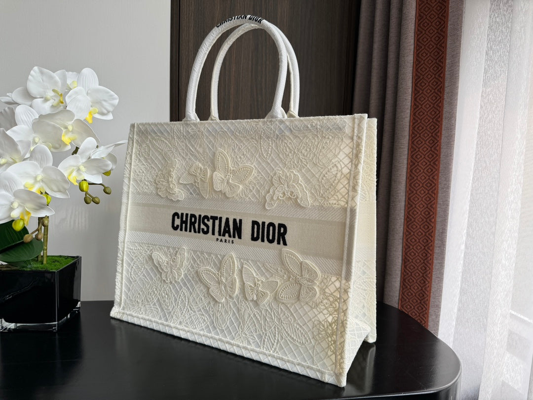 Christian Dior Book Tote Large White Butterfly Embroidery Canvas Bag
