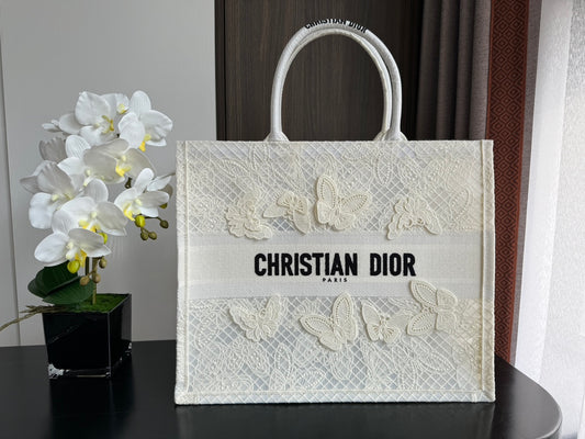 Christian Dior Book Tote Large White Butterfly Embroidery Canvas Bag
