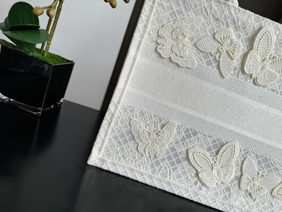 Dior Elegant White Butterfly Embroidered Canvas Tote Handbag