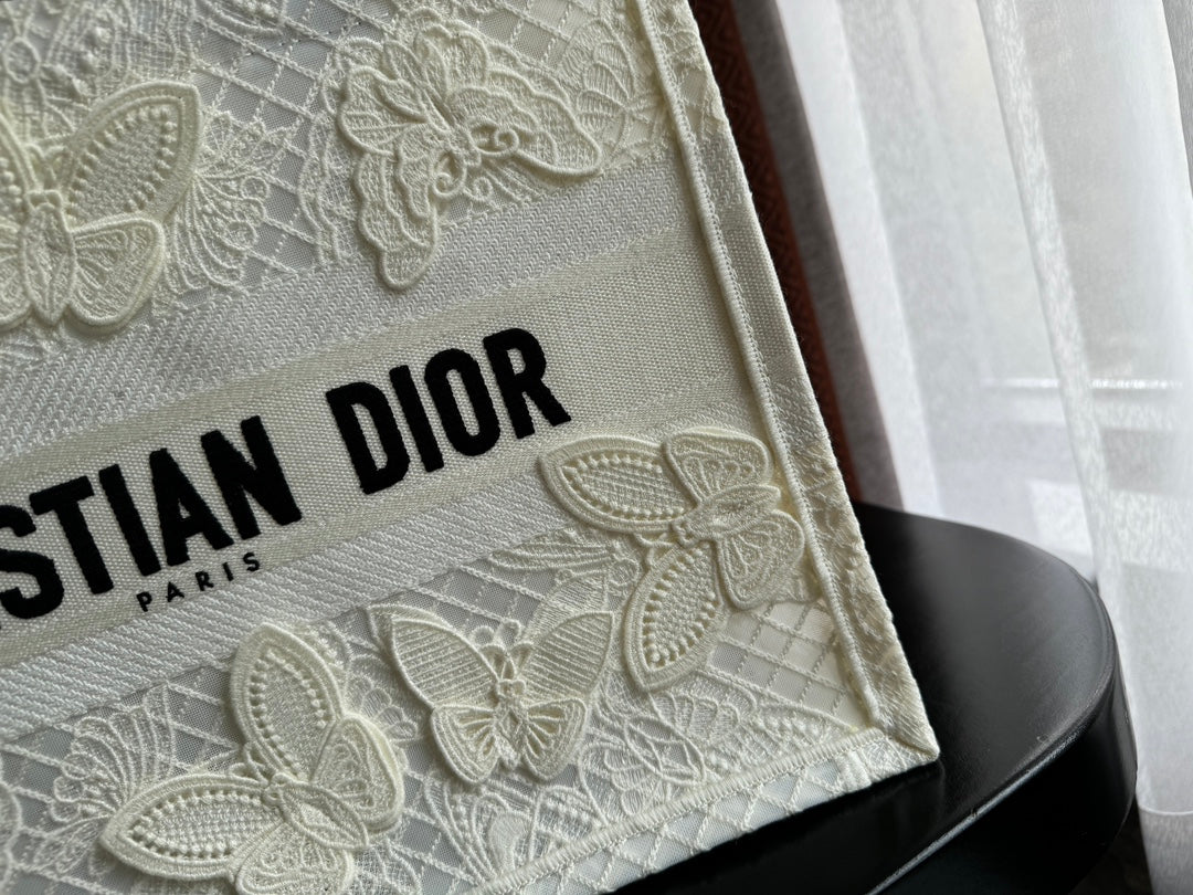 Christian Dior Medium Book Tote - White Canvas with Butterfly Embroidery