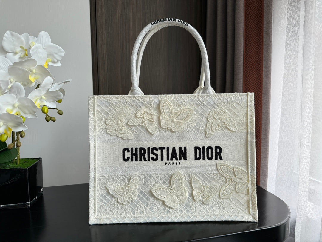 Christian Dior Medium Book Tote - White Canvas with Butterfly Embroidery