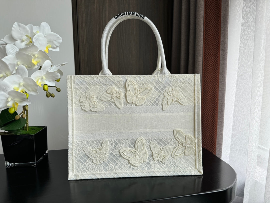 Christian Dior Medium Book Tote - White Canvas with Butterfly Embroidery