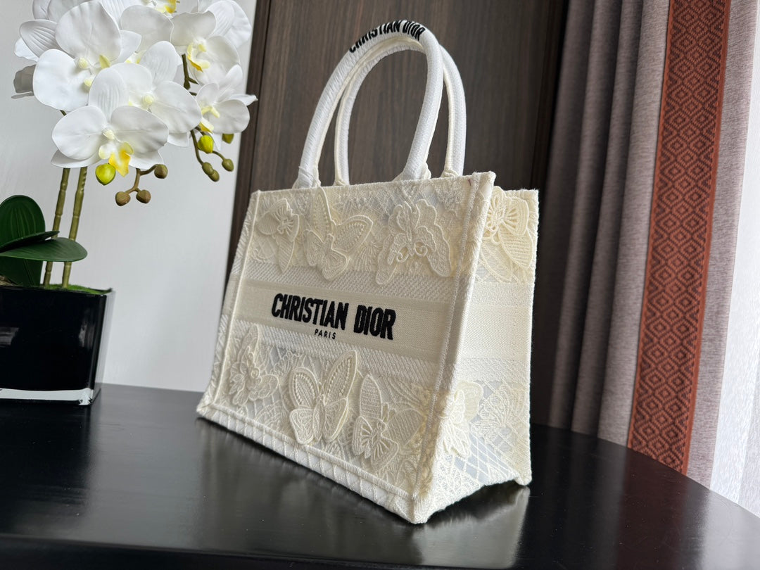 Christian Dior Medium Book Tote - White Butterfly Embroidery Canvas Bag