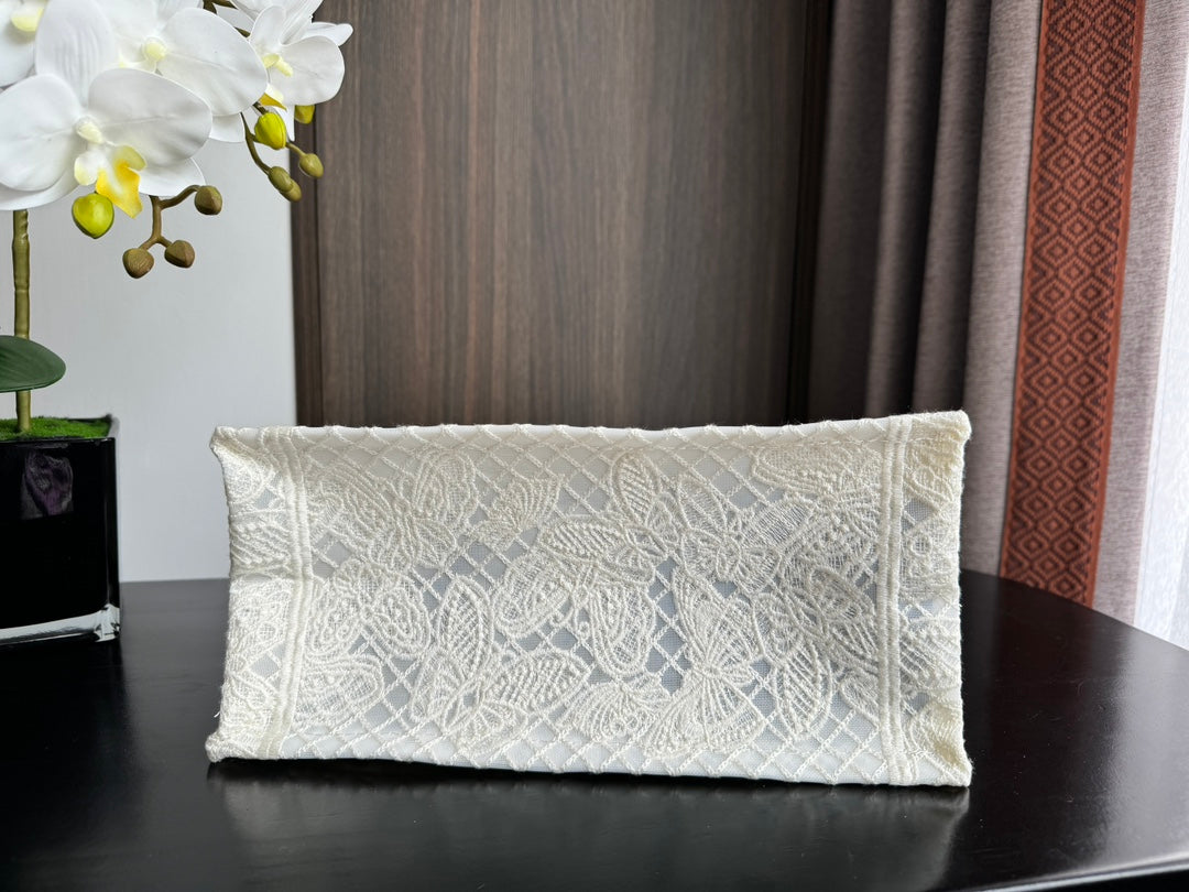Dior White Embroidered Butterfly Lace Canvas Tote Bag for Women