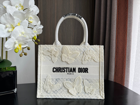 Christian Dior Medium Book Tote - White Butterfly Embroidery Canvas Bag