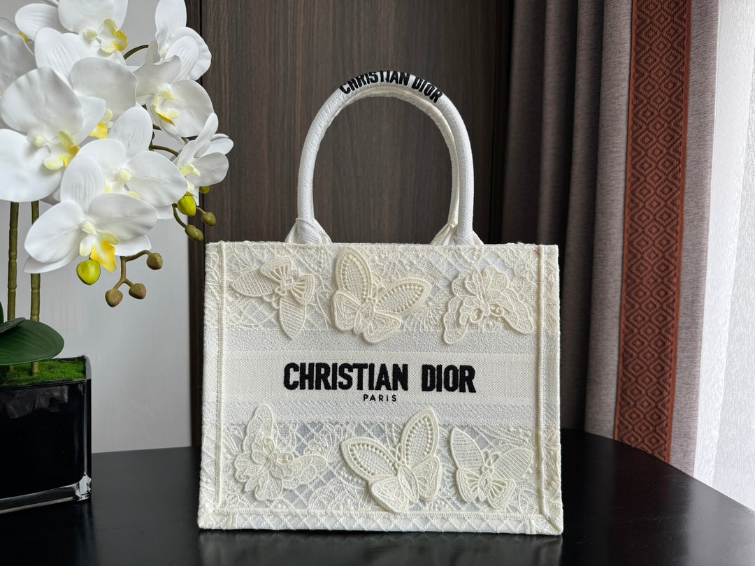 Dior White Embroidered Butterfly Lace Canvas Tote Bag for Women