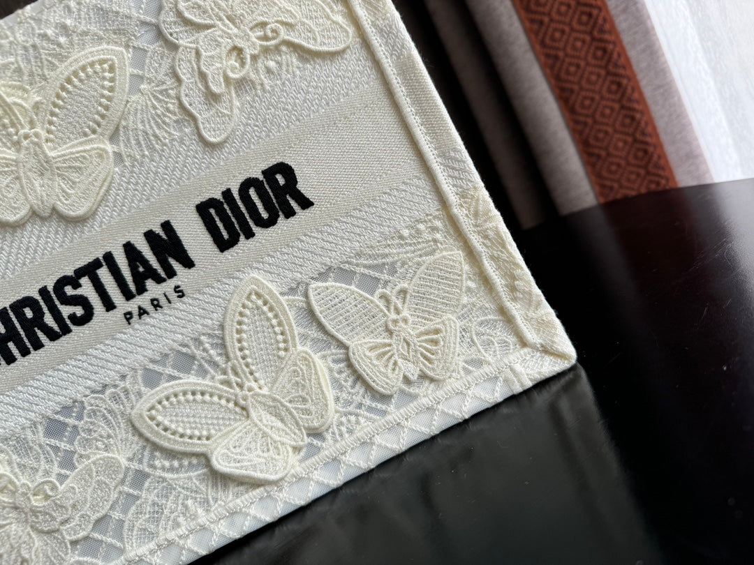 Dior White Embroidered Butterfly Lace Canvas Tote Bag for Women