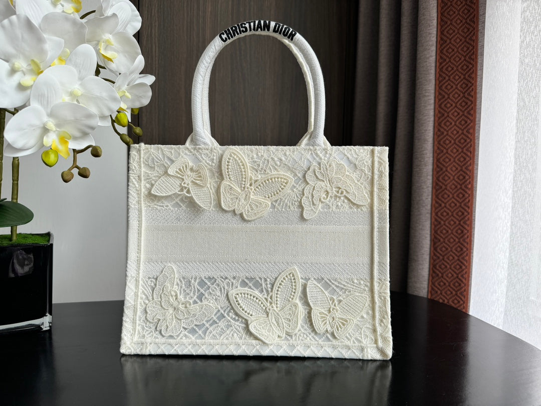 Christian Dior Medium Book Tote - White Butterfly Embroidery Canvas Bag