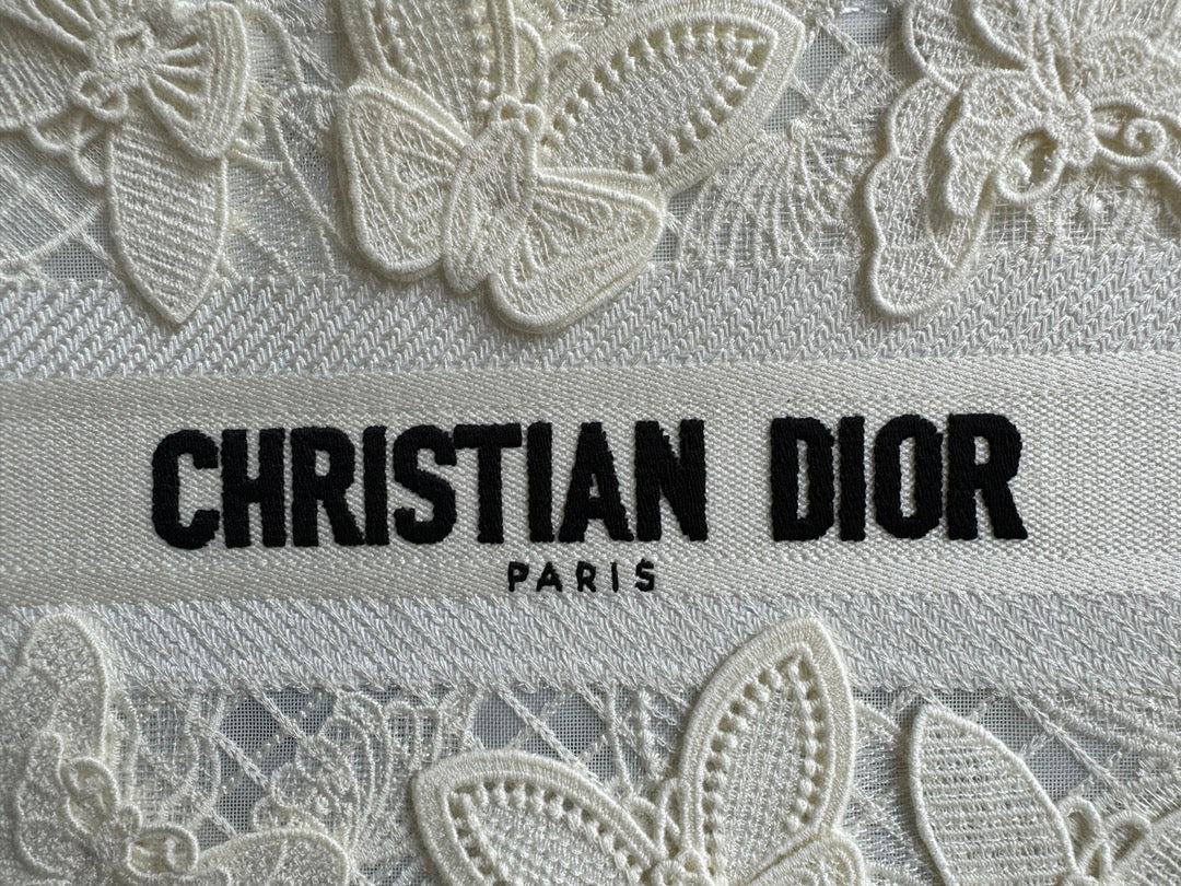 Christian Dior Medium Book Tote - White Butterfly Embroidery Canvas Bag