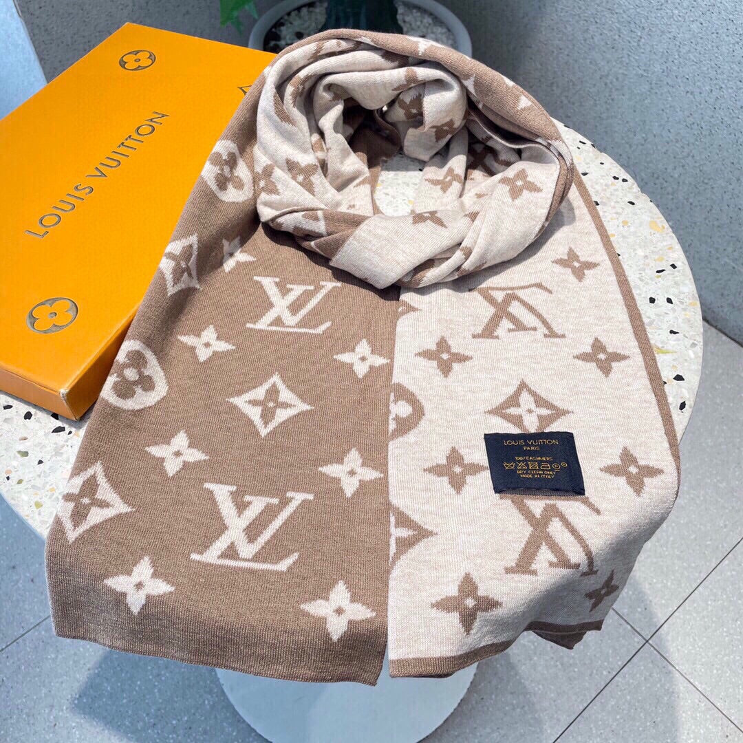 Women's Luxury Monogram Knit Scarf - Warm Winter Shawl Wrap in Tan and White