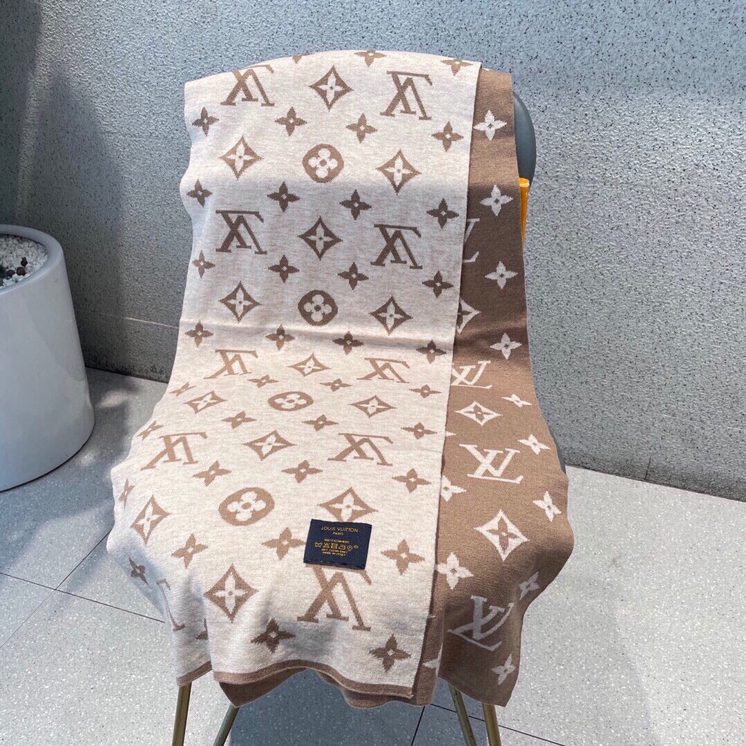 Women's Luxury Monogram Knit Scarf - Warm Winter Shawl Wrap in Tan and White