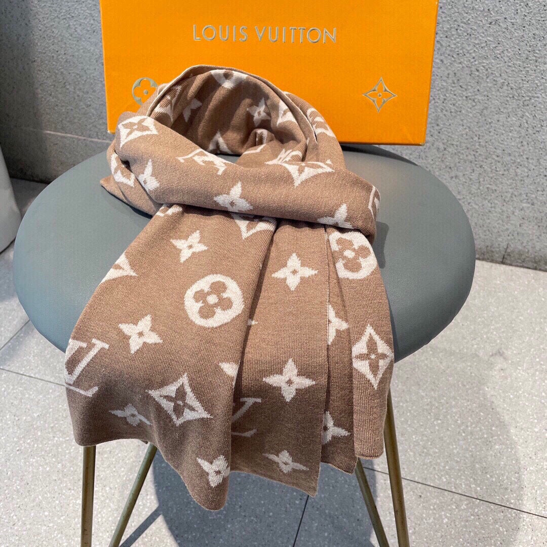 Women's Luxury Monogram Knit Scarf - Warm Winter Shawl Wrap in Tan and White
