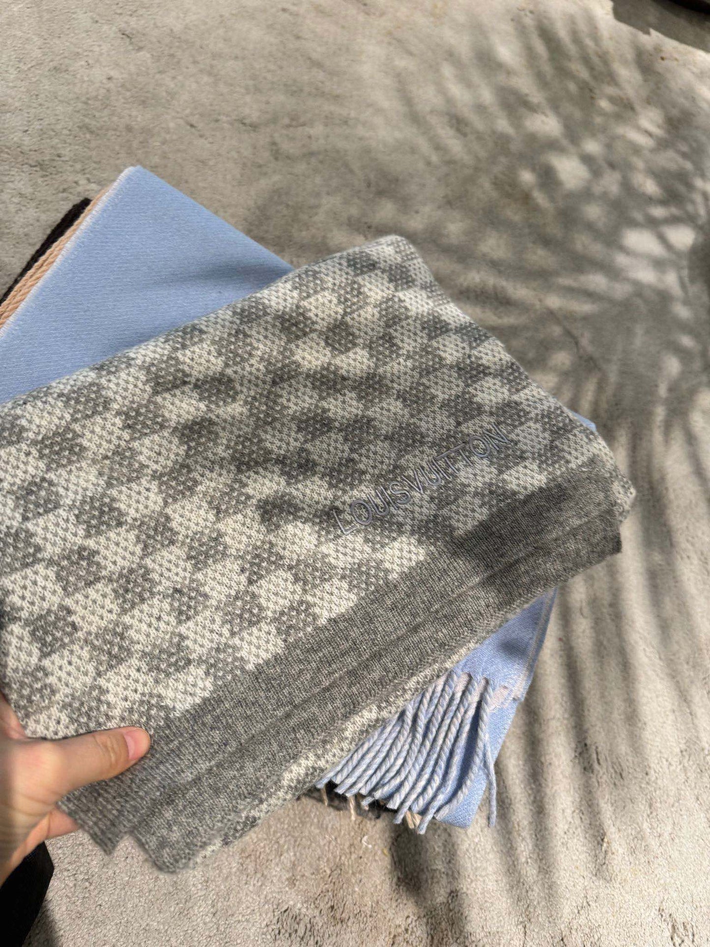 Luxury Checkered Scarf for Women - Soft Grey and Beige Pashmina Shawl Wrap - Classic Winter Scarf